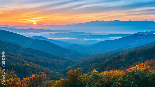 America burns. morning colors in blue ridge mountains, shenandoah national park, virginia. Dawn Ridge. Illustration