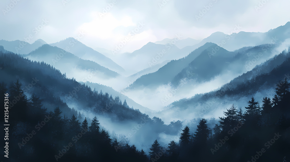 Obraz premium Gentle fog caresses mountain ridges at dawn amidst soft whispers of morning breeze, breeze, natural, gentle. Dawn Ridge. Illustration