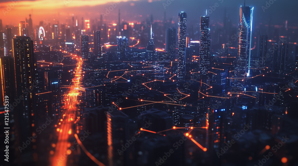 Fototapeta premium Smart digital Innovation city with connection network reciprocity over the twilight cityscape. of future smart wireless digital city and social media networking systems that connects people with city