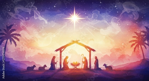 Wallpaper Mural nativity scene, silhouettes, manger, baby Jesus, Mary, Joseph, wise men, star of Bethlehem, colorful sky, purple and pink clouds, radiant light, divine glow, spiritual atmosphere, Christmas illustrati Torontodigital.ca