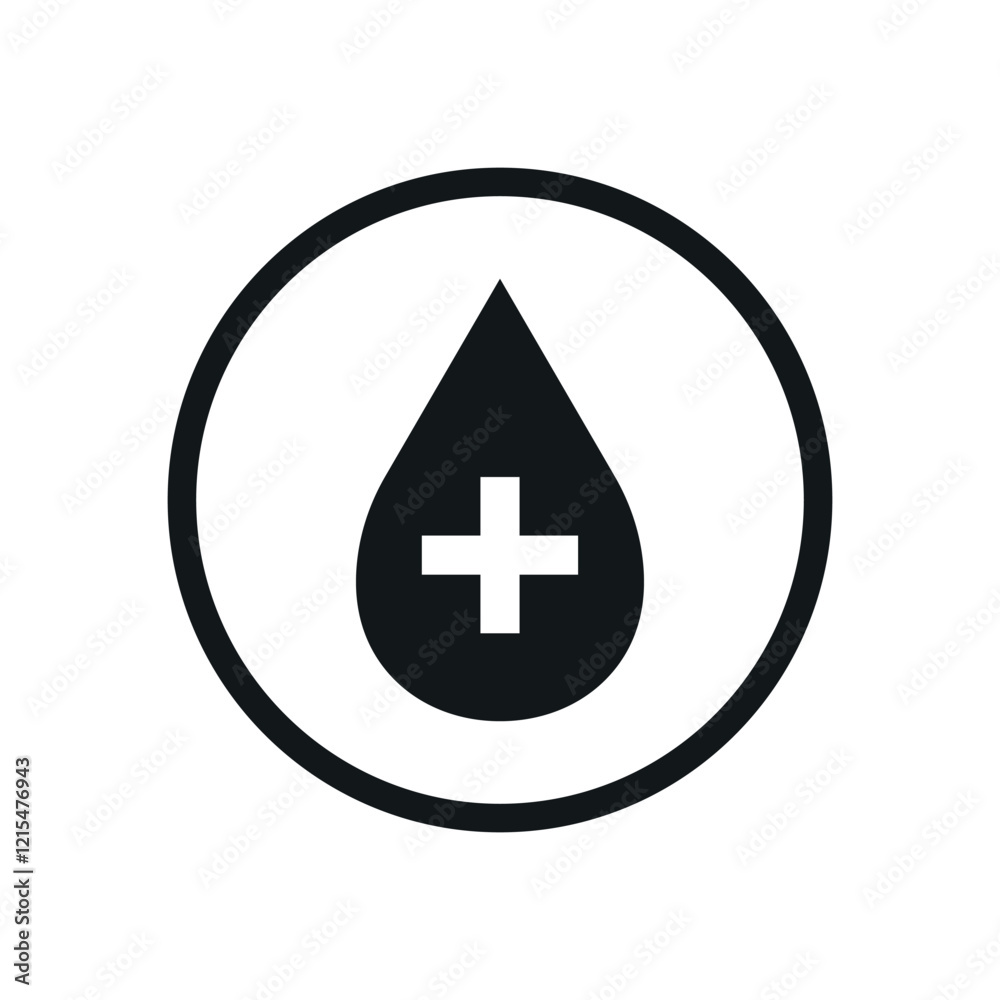 Vector Black Blood Drop Silhouette with Plus Flat Icon Design on White Background. Blood Donation, Health Care and Medicine Symbol with Cross. Vector Black Blood Drop Silhouette with Plus Flat Icon Design on White Background. Blood Donation, Health Care and Medicine Symbol with Cross.