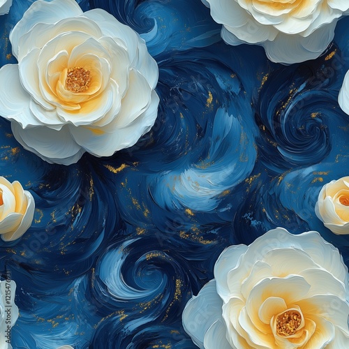 Seamless pattern of white and yellow roses, with swirling brushstrokes and a swirling background of blue and grey, creating an impressionistic effect photo