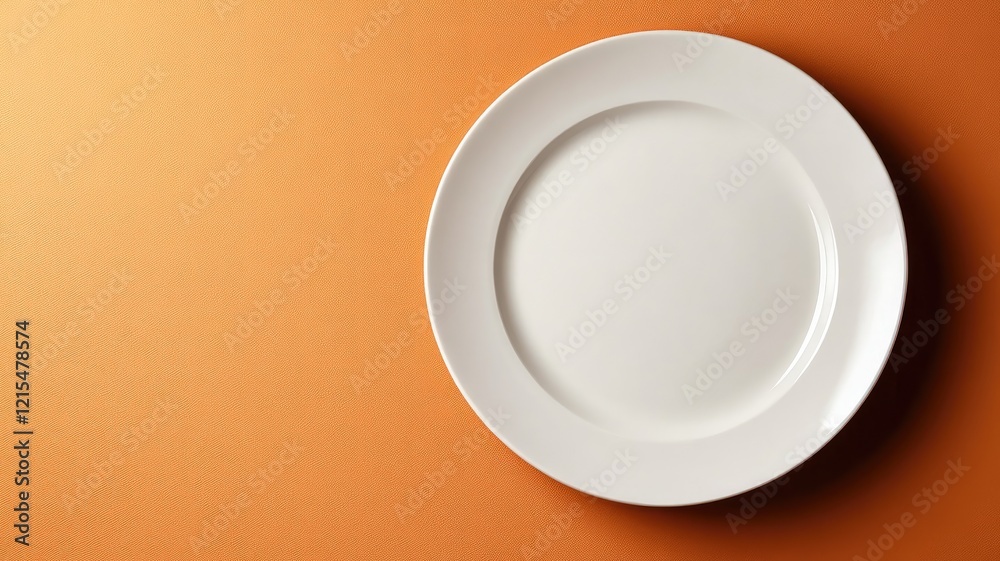 White ceramic plate on textured orange background White ceramic plate on textured orange background