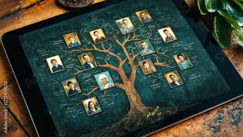Interactive family tree on tablet showcasing ancestral connections and historical images