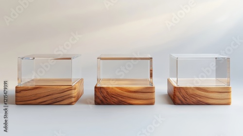 Fototapeta Naklejka Na Ścianę i Meble -  Glass showcases, display, exhibit stand, transparent boxes front view on white wood or plastic base. Crystal block, exhibition or award podium, isolated glossy object, Realistic 3d vector illustration