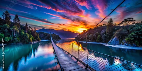 Silhouette Rope Swing Bridge over Blue River, Abel Tasman National Park, New Zealand photo