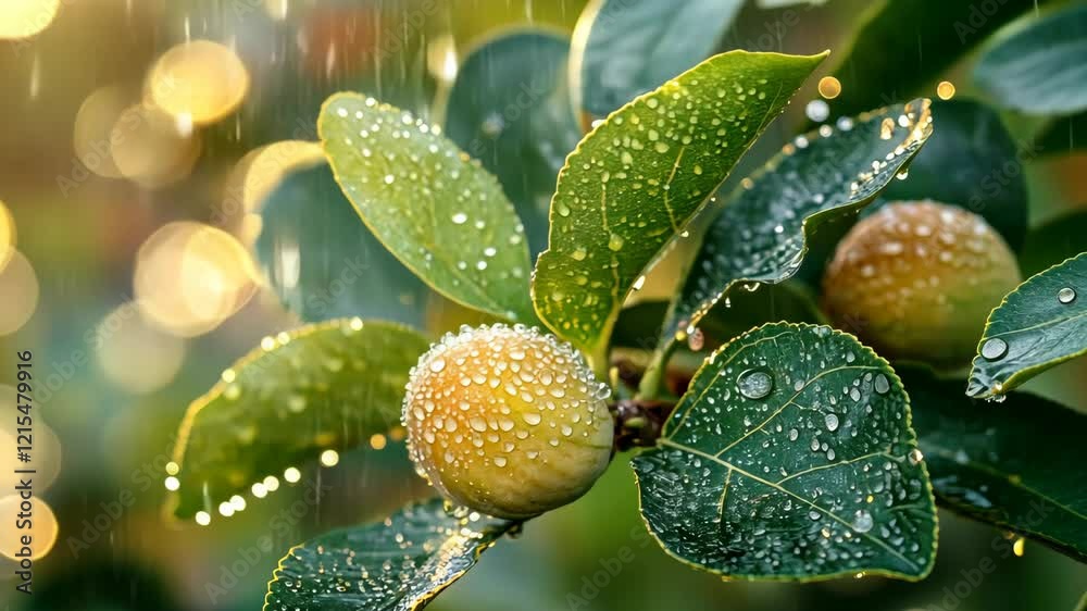 Morning dew on vibrant citrus leaves and fruit with bokeh light effect Morning dew on vibrant citrus leaves and fruit with bokeh light effect