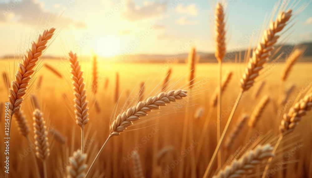 Fototapeta premium Golden wheat field at sunset. Organic wheat ears sway gently in wind. Sunlight illuminates field creating warm golden color. Natural beauty. Peaceful scene. Abundant harvest. Summer day. Rural