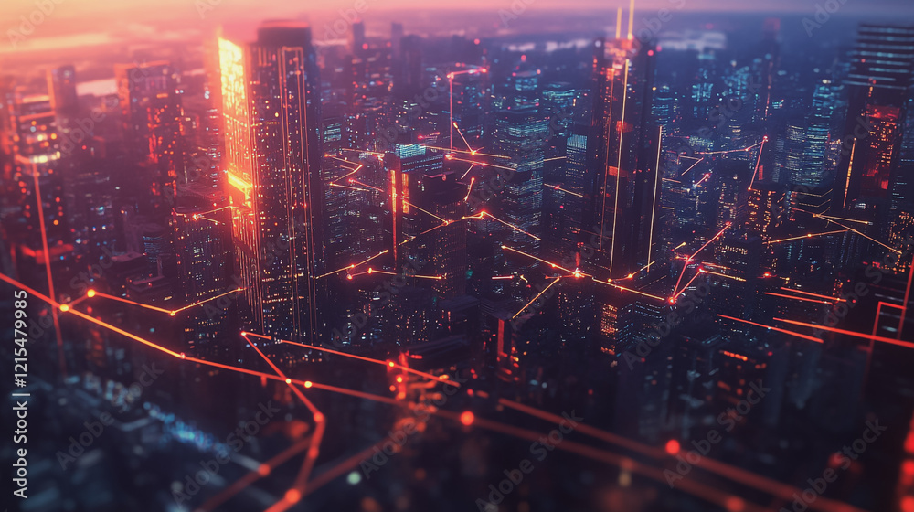 Obraz premium Smart digital Innovation city with connection network reciprocity over the twilight cityscape. of future smart wireless digital city and social media networking systems that connects people with city