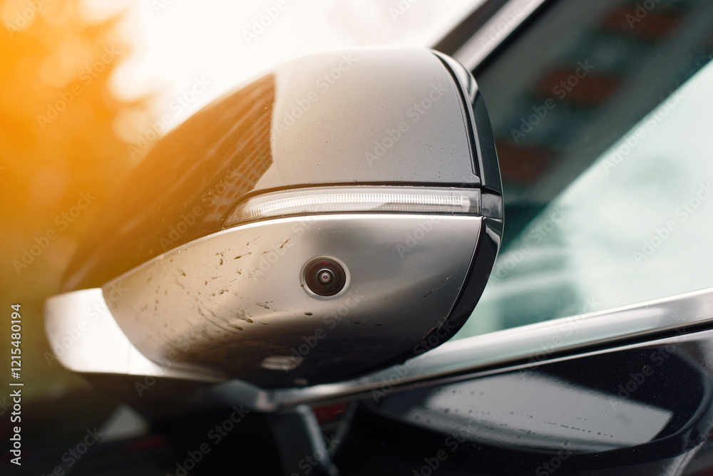 Car side mirror with an integrated camera, advanced automotive technology for safety and parking assistance. Side mirror with built-in camera on black car, safety features for enhanced visibility