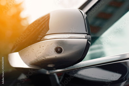 Obraz na płótnie Car side mirror with an integrated camera, advanced automotive technology for safety and parking assistance. Side mirror with built-in camera on black car, safety features for enhanced visibility w salonie