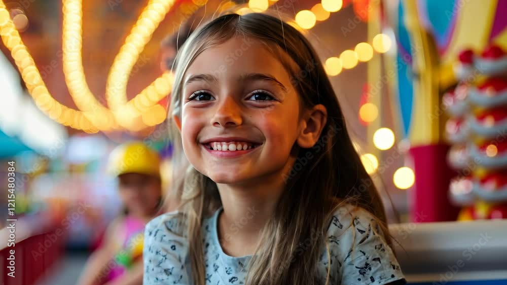 Joyful child at amusement park with bright lights and smiling faces