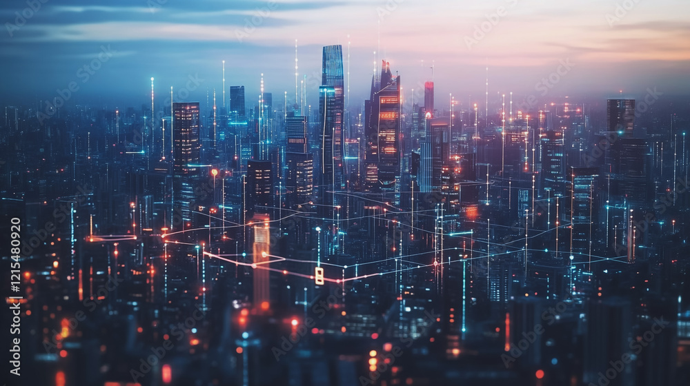 custom made wallpaper toronto digitalSmart digital Innovation city with connection network reciprocity over the twilight cityscape. of future smart wireless digital city and social media networking systems that connects people with city
