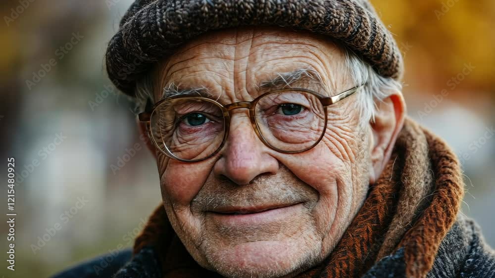 Elderly man smiling in autumn park wearing hat and scarf Elderly man smiling in autumn park wearing hat and scarf