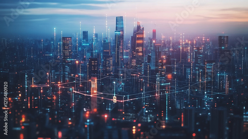 Wallpaper Mural Smart digital Innovation city with connection network reciprocity over the twilight cityscape. of future smart wireless digital city and social media networking systems that connects people with city Torontodigital.ca