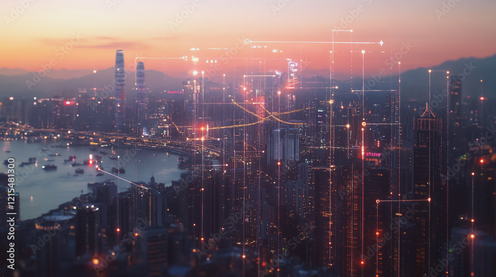 Fototapeta premium Smart digital Innovation city with connection network reciprocity over the twilight cityscape. of future smart wireless digital city and social media networking systems that connects people with city