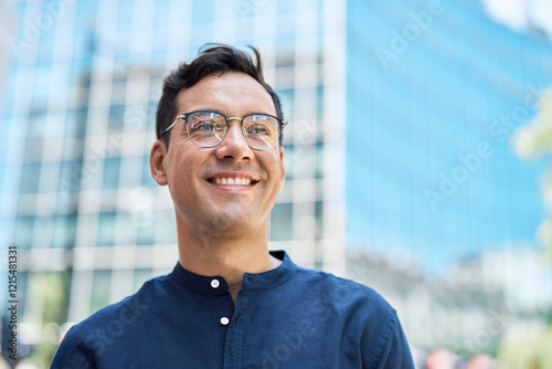 Happy young Hispanic business man entrepreneur looking away, smiling businessman leader investor wearing glasses standing on city street thinking of future leadership and success. Headshot portrait.