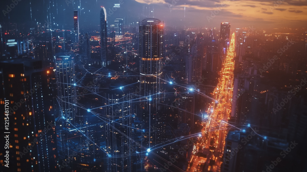 Fototapeta premium Smart digital Innovation city with connection network reciprocity over the twilight cityscape. of future smart wireless digital city and social media networking systems that connects people with city