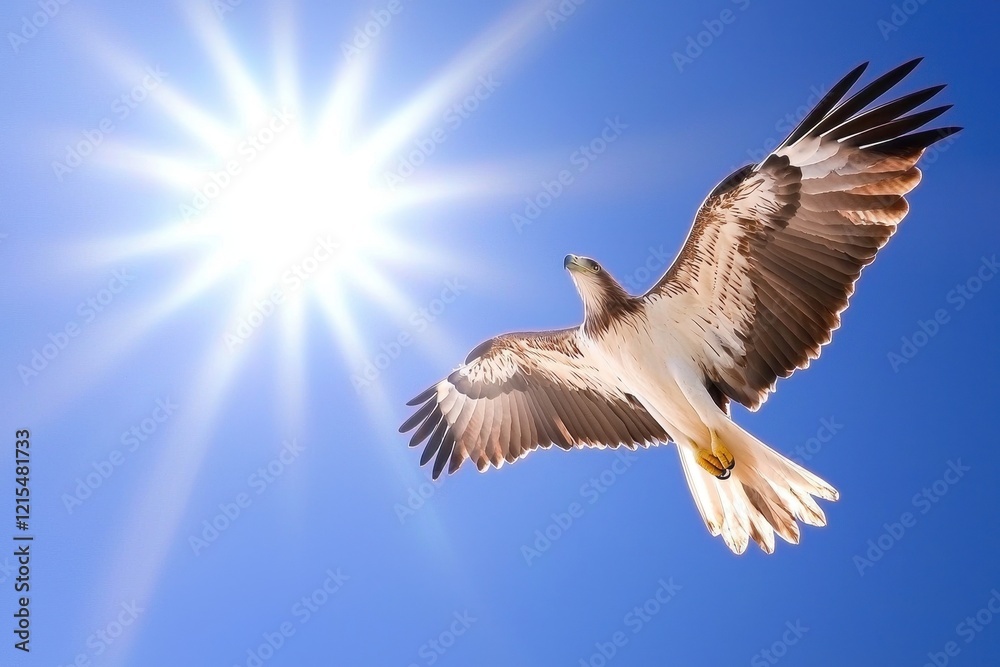 Obraz premium A wedge-tailed eagle soaring high in a cloudless blue sky, wings outstretched against the sunlight.