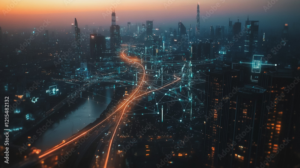 Naklejka premium Smart digital Innovation city with connection network reciprocity over the twilight cityscape. of future smart wireless digital city and social media networking systems that connects people with city