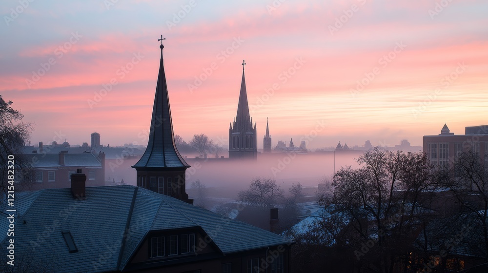 Naklejka premium Gothic church spires rise above rooftops under a pastel-colored sky with gentle mist, embodying serene beauty at dawn in a quaint town.
