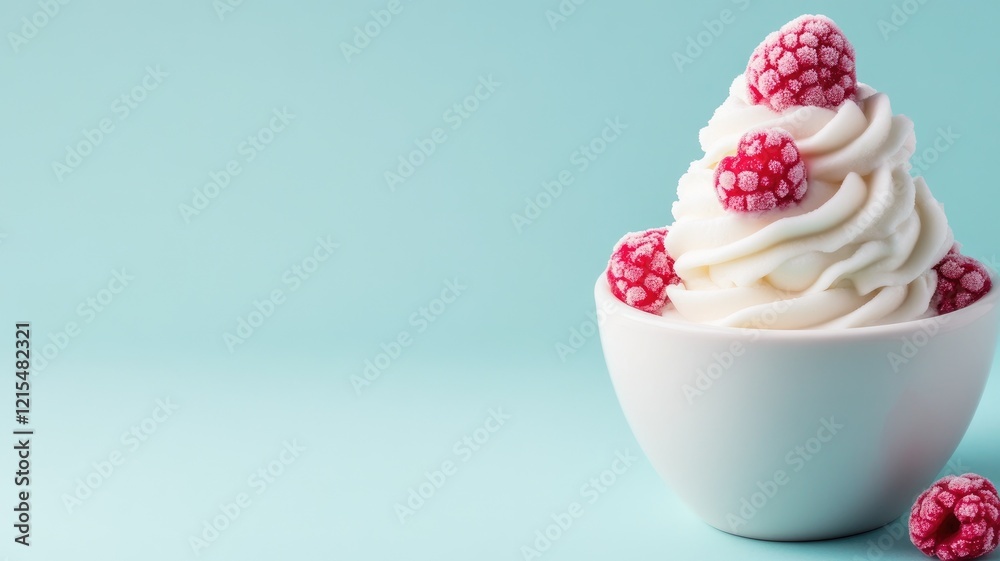 Frozen yogurt in bowl with raspberries on top against pastel background Frozen yogurt in bowl with raspberries on top against pastel background
