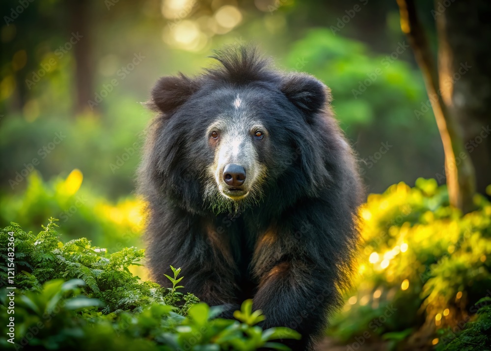 Sloth Bear Foraging in Lush Indian Forest - Wildlife Photography