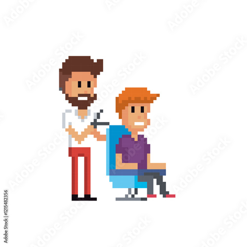 Male Hairdresser stylist at work pixel art icon. Design for logo, web, mobile app, sticker, badges and patches. Video game sprite. 8-bit. Isolated vector illustration.