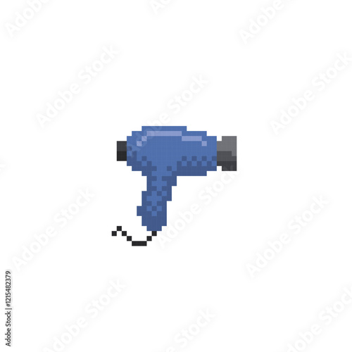 Handheld hair dryer pixel art icon. Design for logo, web, mobile app, sticker, badges and patches. Video game sprite. 8-bit. Isolated vector illustration.