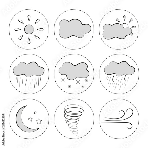 Weather signs. Cloud, rain, wind, tornado, lightning, thunder, moon and stars. Windy, snowy, rainy, sunny, cloudy minimalist icon. Web weather symbols in a circle.  Meteorologists forecast.