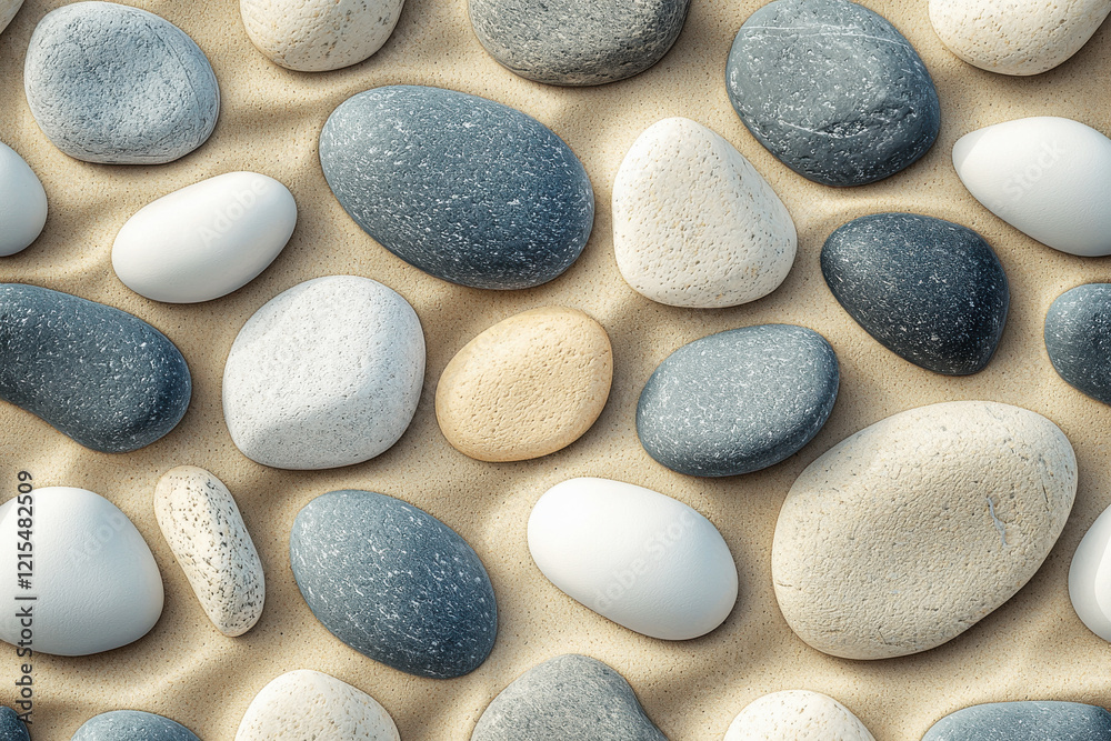 Seamless eco-friendly pattern showcasing smooth pebbles in natural tones on a muted sandy backdrop Seamless eco-friendly pattern showcasing smooth pebbles in natural tones on a muted sandy backdrop