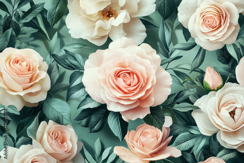 Elegant seamless floral pattern featuring blush pink roses and cream peonies against a soft pastel background with lush greenery