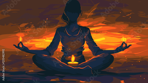 Female Hands in Yoga Pose Meditating by Candlelight, Creating a Serene and Warm Ambiance