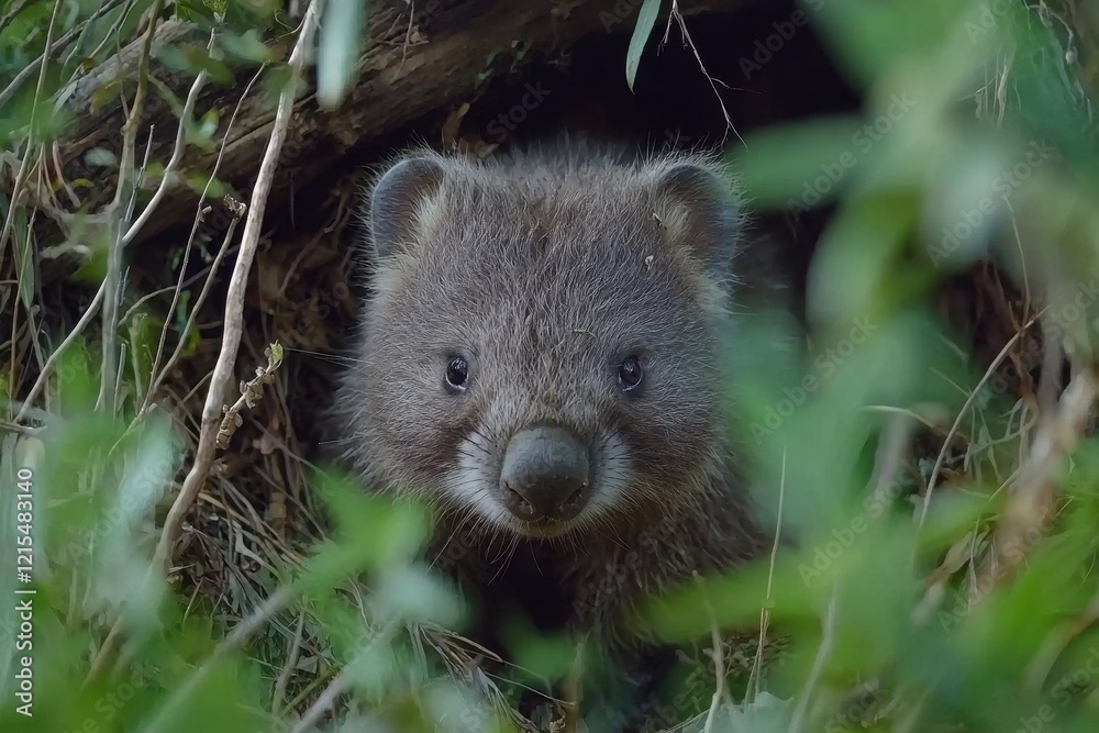 A wombat emerging from its burrow, nose twitching curiously, amid a backdrop of bushy undergrowth.