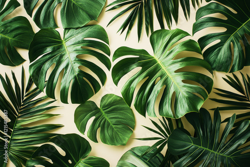 Seamless pattern of large tropical leaves showcasing monstera and palm variety in vibrant green tones on beige backdrop