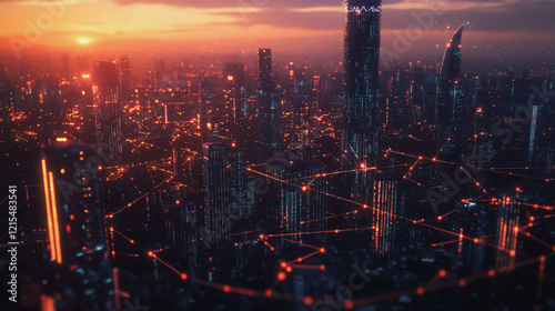 Wallpaper Mural Smart digital Innovation city with connection network reciprocity over the twilight cityscape. of future smart wireless digital city and social media networking systems that connects people with city Torontodigital.ca