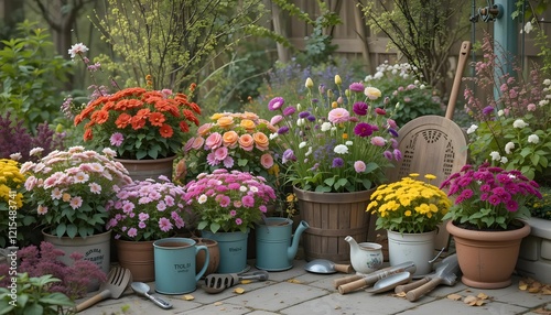 Springtime flowers and gardening implements on the patio photo