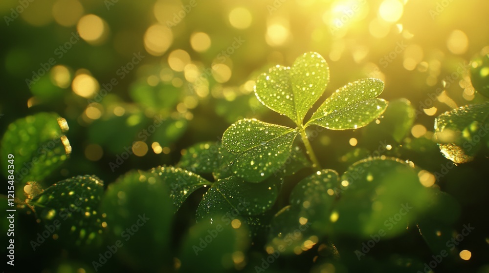 Vibrant green clover with dew drops bathed in golden sunlight, symbolizing luck and renewal in nature's embrace. Vibrant green clover with dew drops bathed in golden sunlight, symbolizing luck and renewal in nature's embrace.