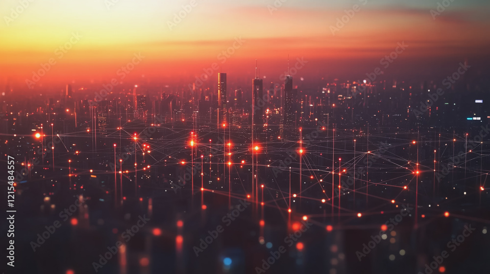Smart digital Innovation city with connection network reciprocity over the twilight cityscape. of future smart wireless digital city and social media networking systems that connects people with city Smart digital Innovation city with connection network reciprocity over the twilight cityscape. of future smart wireless digital city and social media networking systems that connects people with city