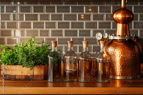 Selection of artisanal craft spirits aligned with polished copper still and fresh herbs on a rustic wooden counter photo