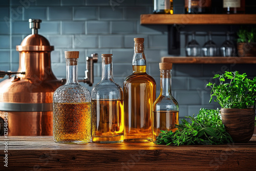 Craft spirits displayed with fresh herbs near a polished copper still in warm lighting photo