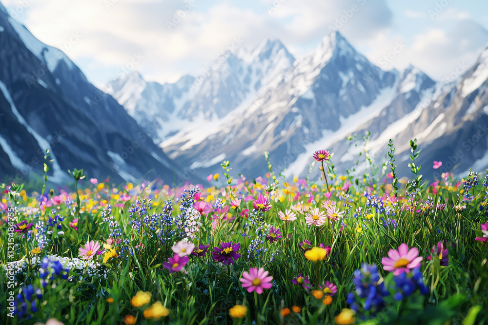 Obraz premium Alpine meadow filled with colorful wildflowers and surrounded by majestic snow-covered mountains