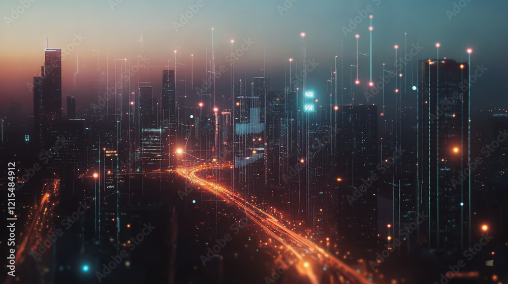 Naklejka premium Smart digital Innovation city with connection network reciprocity over the twilight cityscape. of future smart wireless digital city and social media networking systems that connects people with city