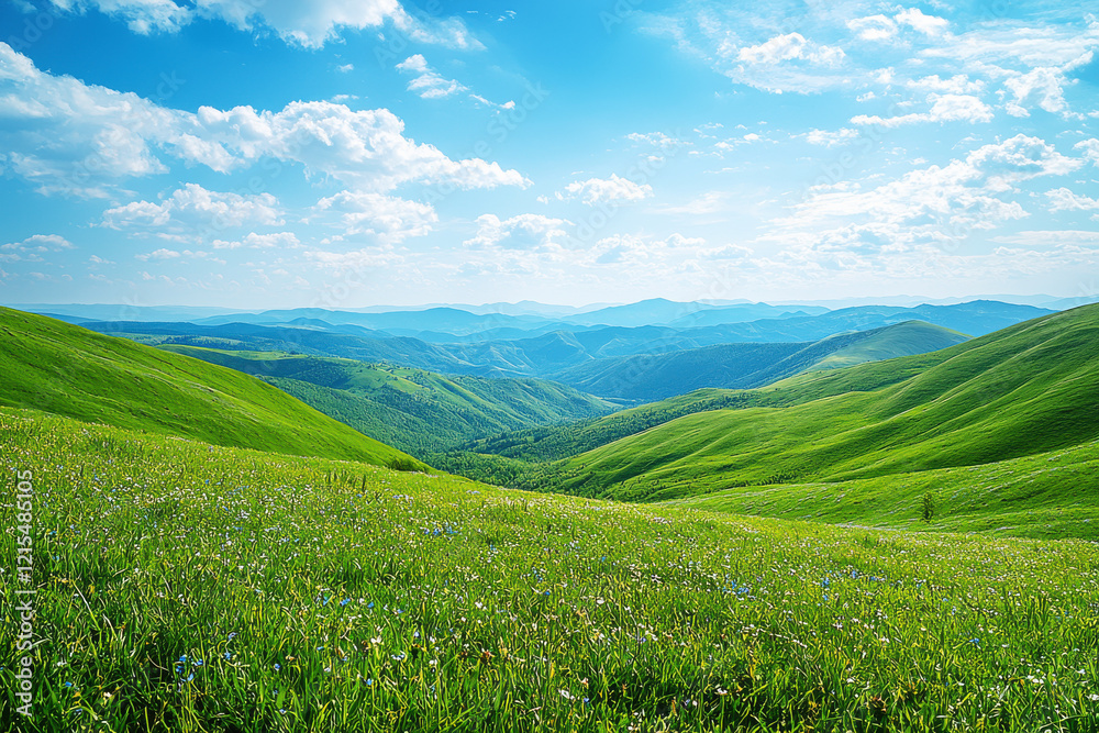 Fototapeta premium Expansive highland meadow with rolling green hills and endless valleys under a bright blue sky