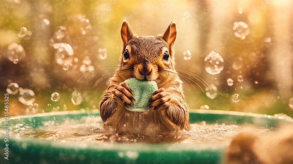 Obraz premium Squirrel enjoying bath with soap in sunny outdoor setting