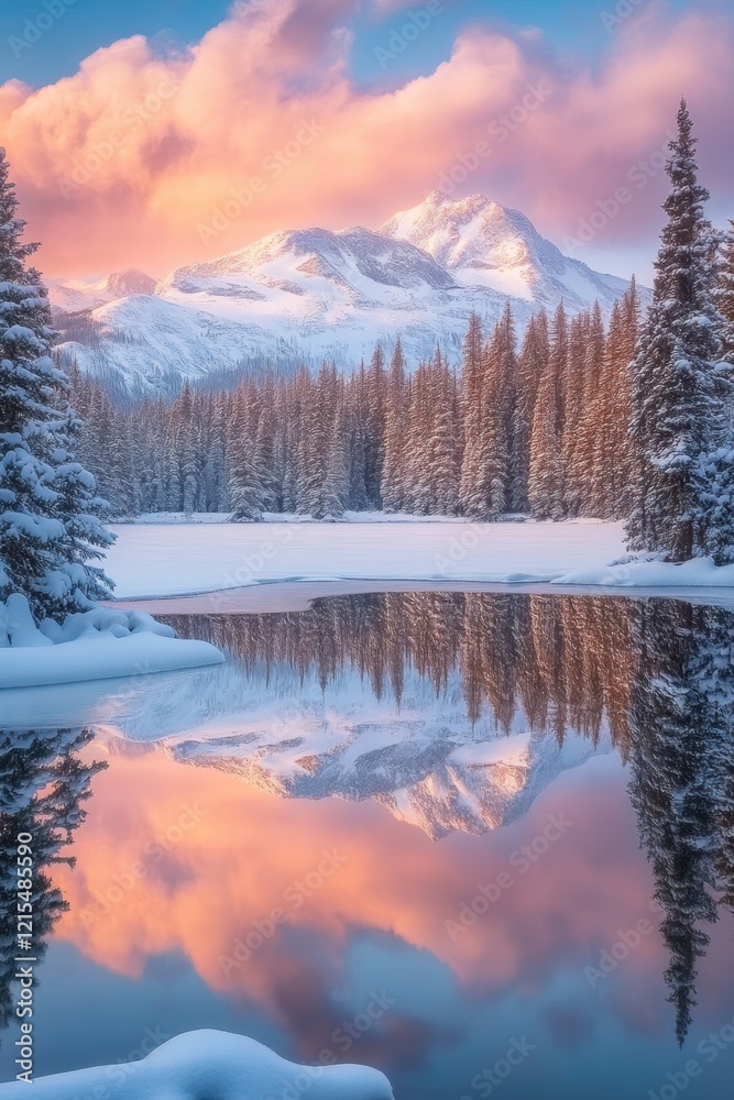 Obraz premium Beautiful majestic landscape with snow covered forest and lake