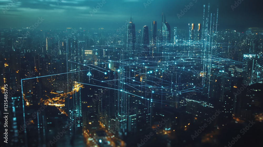 Obraz premium Smart digital Innovation city with connection network reciprocity over the twilight cityscape. of future smart wireless digital city and social media networking systems that connects people with city