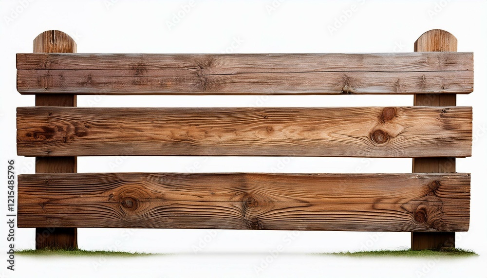 Obraz premium a rustic wooden fence with three horizontal planks and sturdy vertical posts showcasing a weathered texture isolated on a white background perfect for rural or farm themed projects