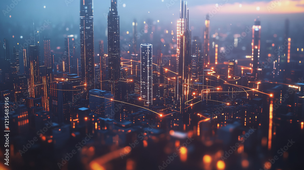 Fototapeta premium Smart digital Innovation city with connection network reciprocity over the twilight cityscape. of future smart wireless digital city and social media networking systems that connects people with city