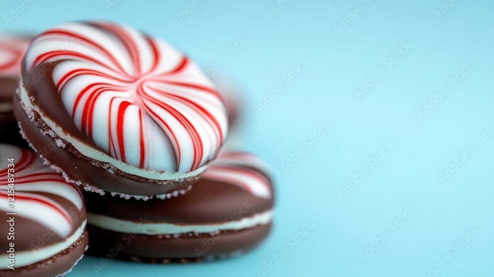 Obraz premium Chocolate cookies with red and white peppermint swirls on light blue background